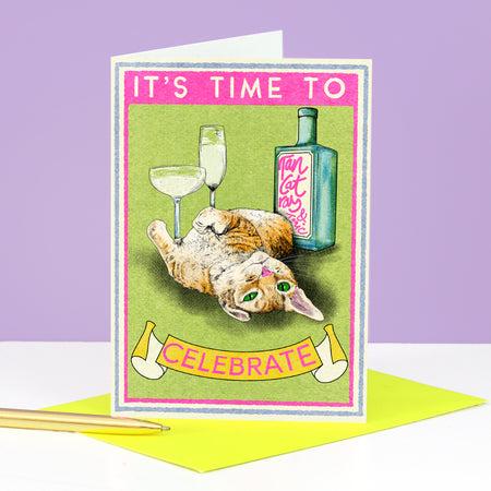 Time To Celebrate Ginger Cat Card by Fawn & thistle