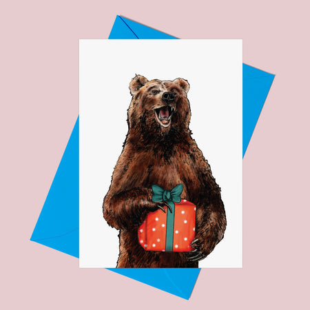 Party Bear With Present Greetings Card - Pack of 6