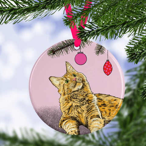 Ceramic Christmas tree decoration featuring ginger cat and baubles by Fawn & Thistle