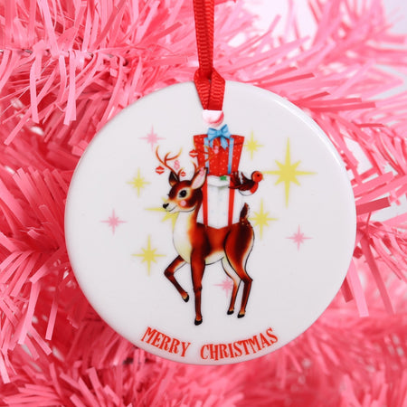 Merry Christmas Retro Reindeer Ceramic Christmas Tree Decoration - Fawn and Thistle