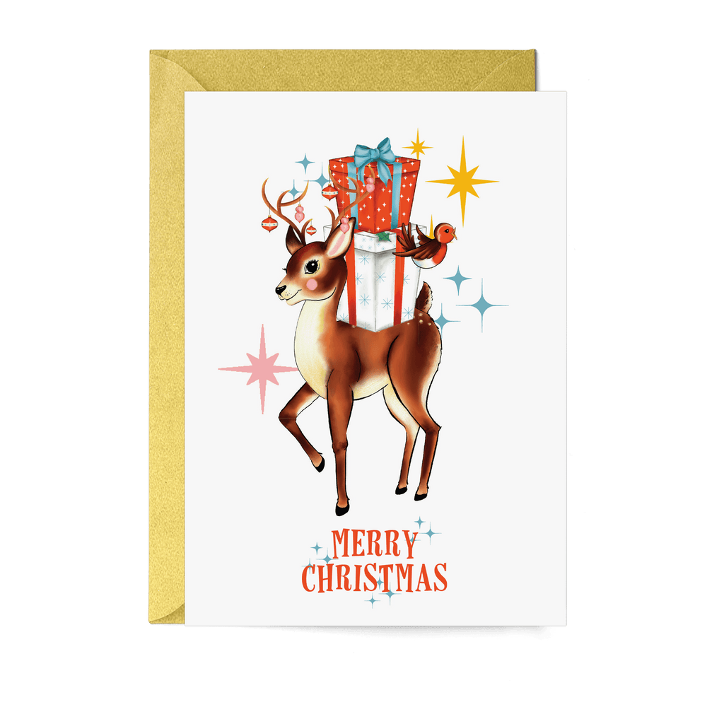 Merry Christmas Retro Reindeer & Robin Christmas Card - Fawn and Thistle